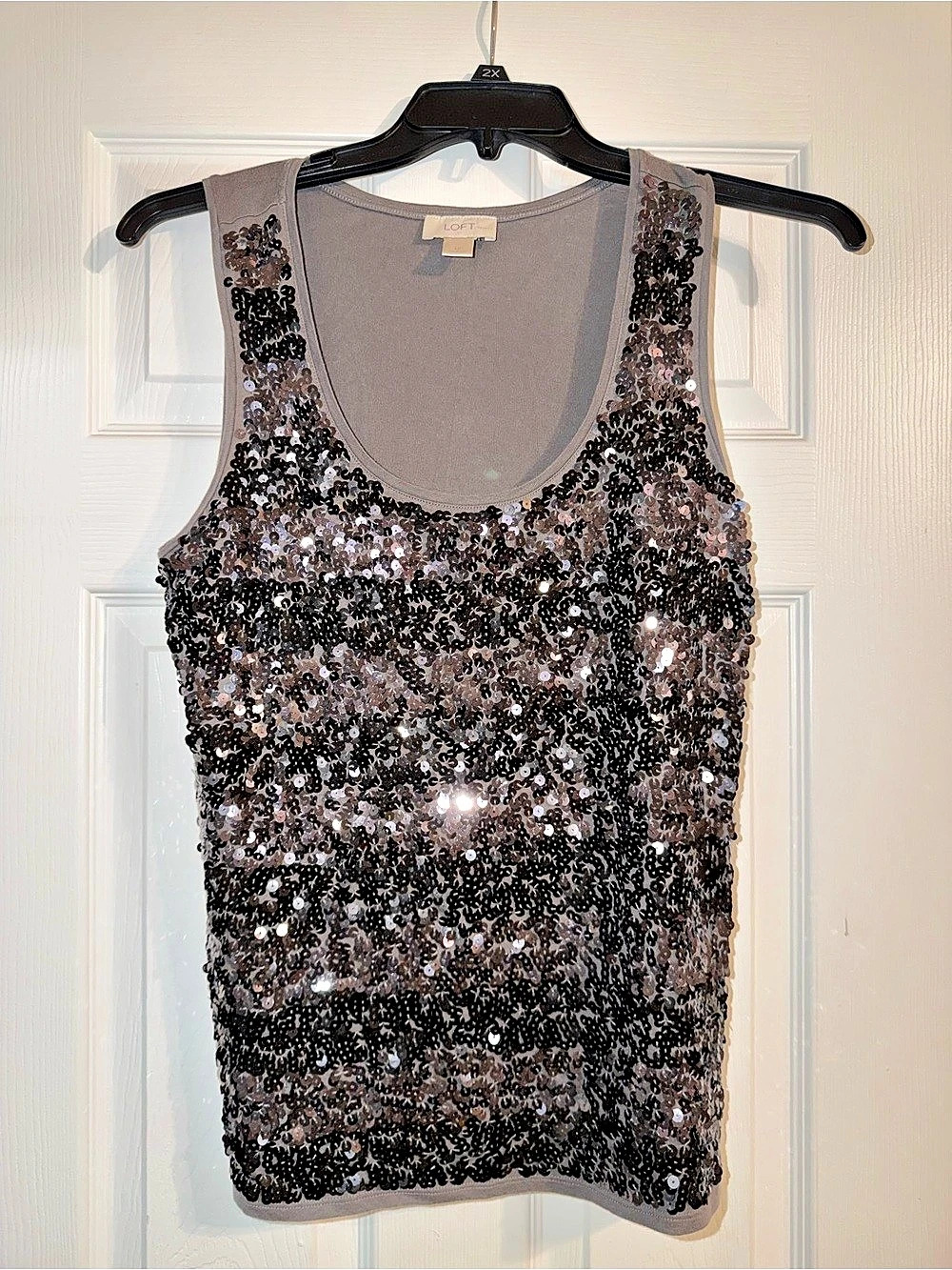 LOFT Charcoal Gray Sequin Stripe Tank Top Size LP Y2K
